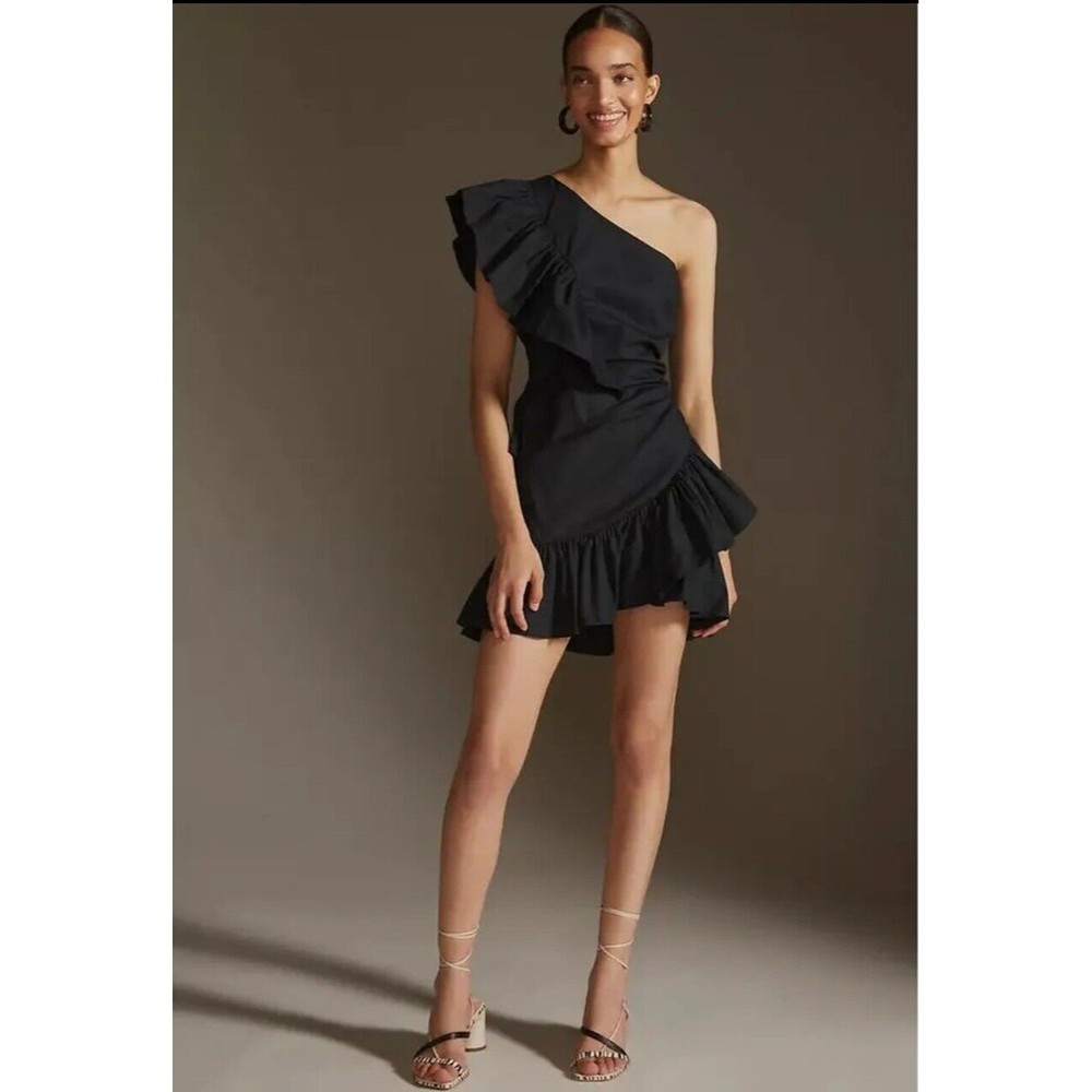 NWT Anthropologie Maeve Ruffled One-Shoulder Mini  Classic Black Dress Sz 16